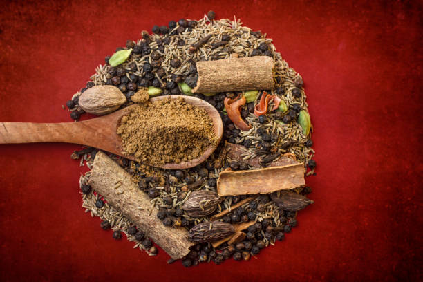 ingredients for garam masala , indian spice mix on a red textured background